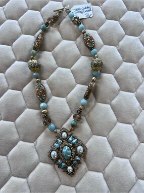 Sarah Coventry Turquoise, Pearl & Gold Filigree Statement Necklace
